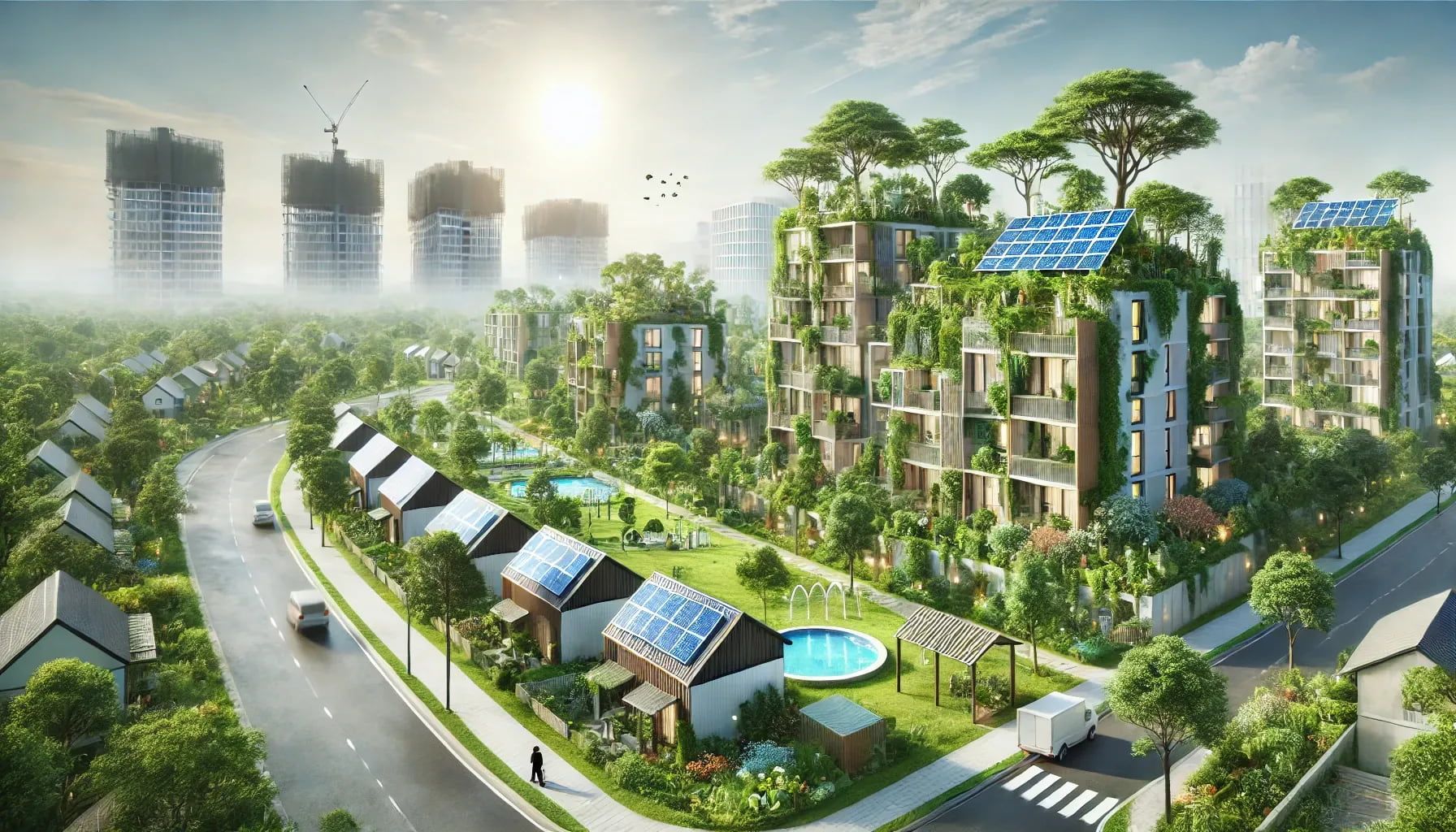  A concept of sustainable residential buildings for the year 2025, focusing on eco-friendly features like solar panels, rainwater harvesting systems.webp