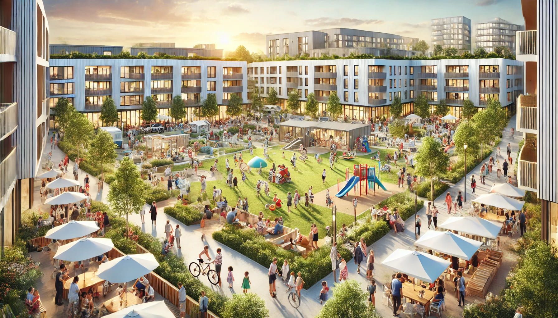 A lively residential neighborhood designed to foster community and integration. The image shows a central park with open green spaces.jpg
