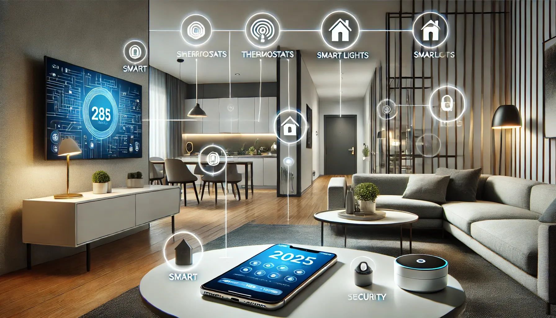 A modern residential apartment feaThe image shows devices like smart thermostats, smart lights.webp