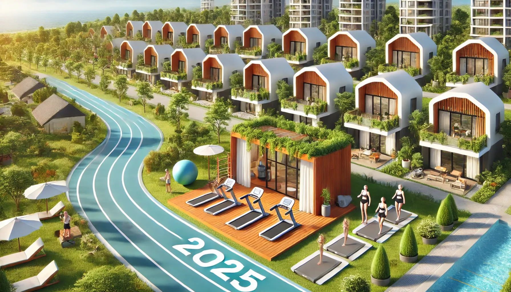 A modern residential community featuring outdoor wellness amenities for 2025. The scene should include an outdoor gym, running tracks.webp
