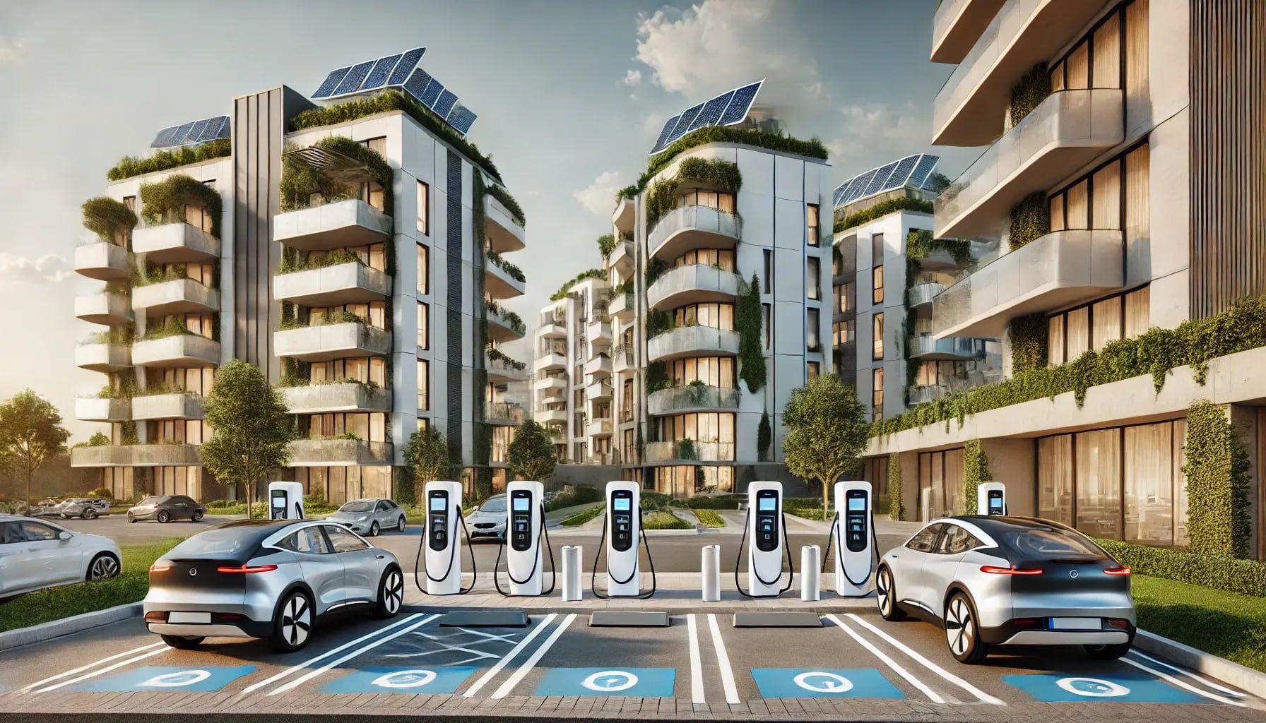 A modern residential complex with electric vehicle charging stations in the parking area. Show a sleek, futuristic design of electric car chargers.webp