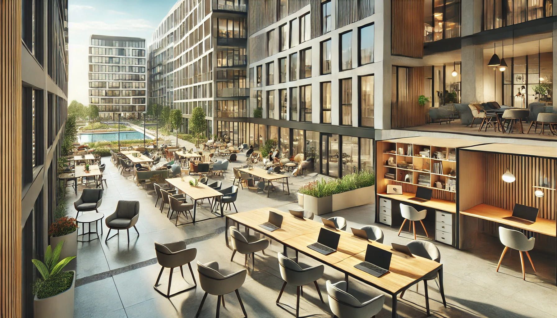 A modern residential development with flexible work and learning spaces integrated into the community.jpg