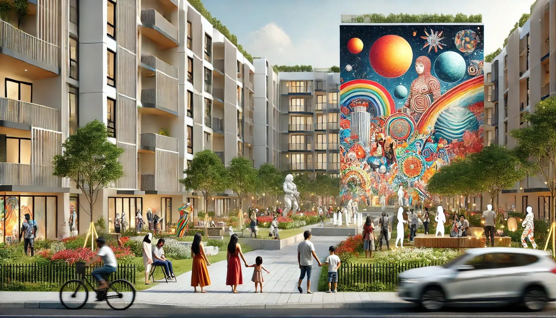 A residential community in 2025 featuring public art and cultural installations. The image should include large murals, sculptures, and outdoor art.webp