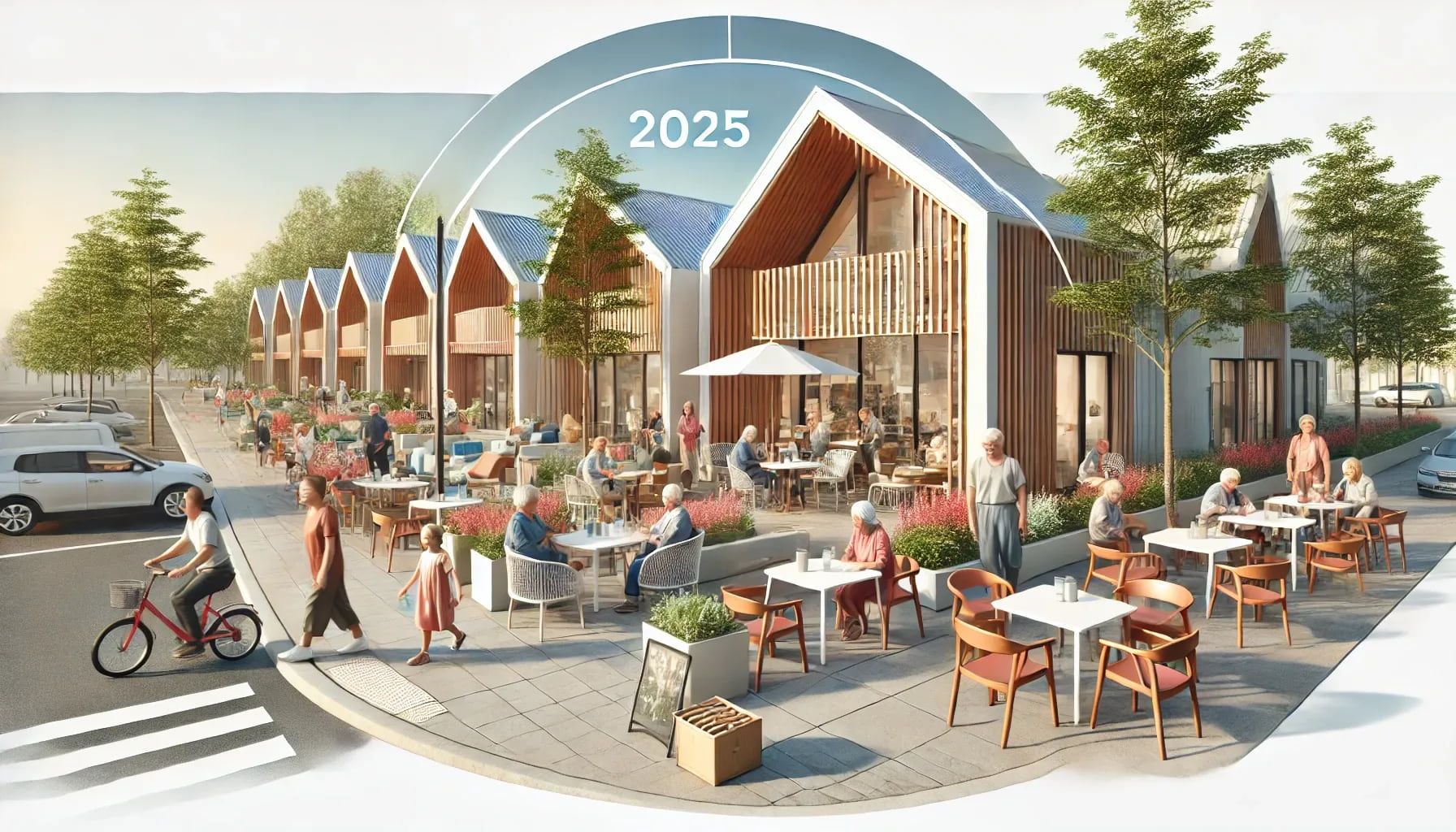 A residential community in 2025 with communal areas designed for social interaction and activities. The image should show spaces such as a community.webp