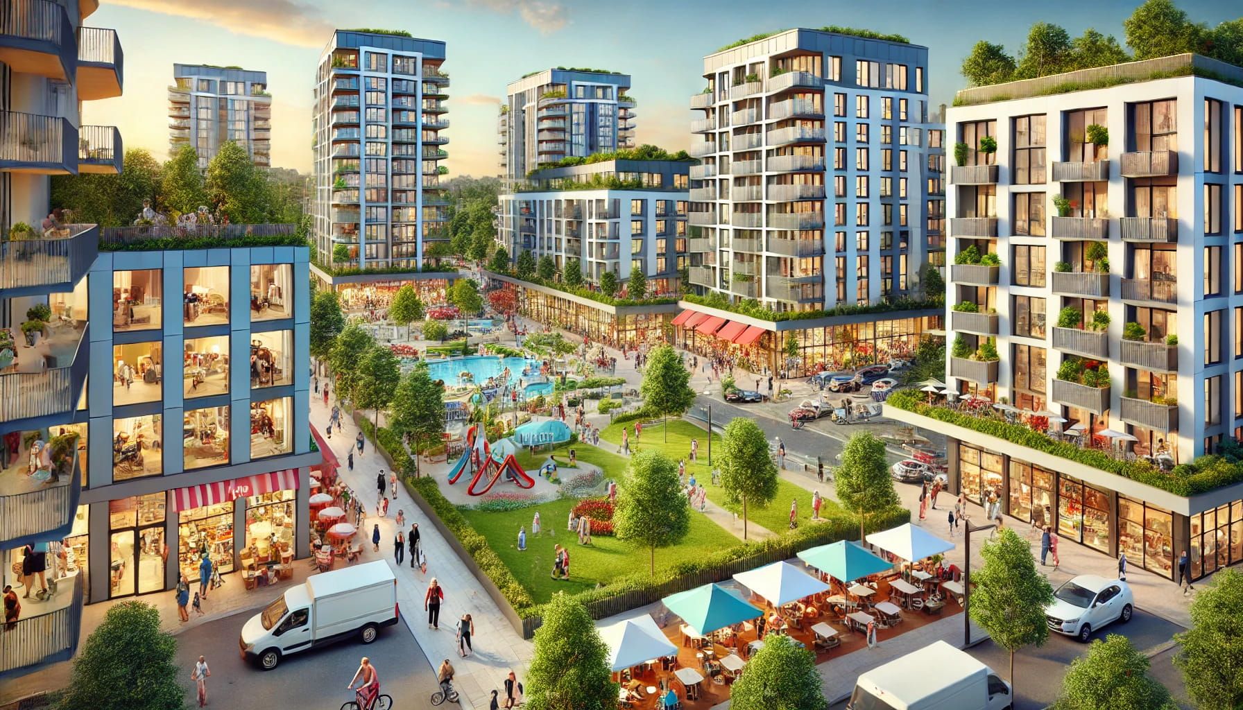 A vibrant mixed-use development with modern apartment buildings, cafes, shops, and recreational spaces all integrated into one walkable community.jpg