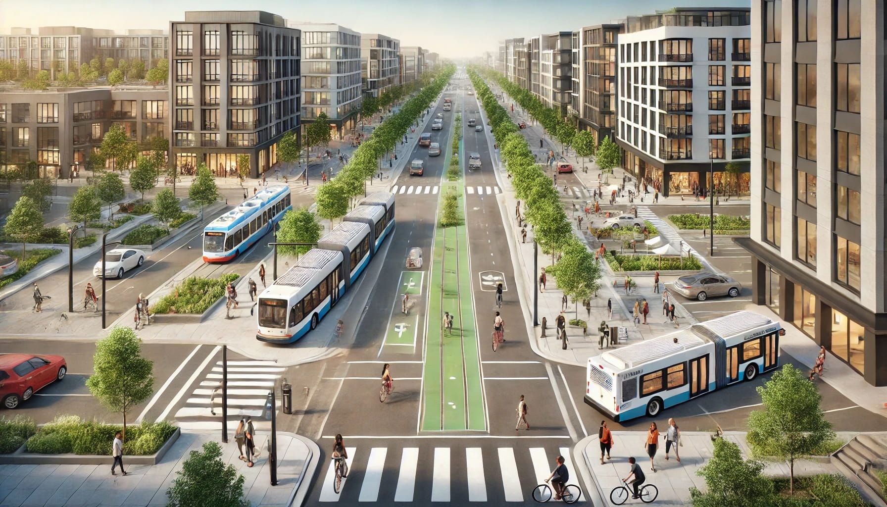 An urban neighborhood that emphasizes walkability and transportation access. The scene shows wide, pedestrian-friendly streets with crosswalks.jpg