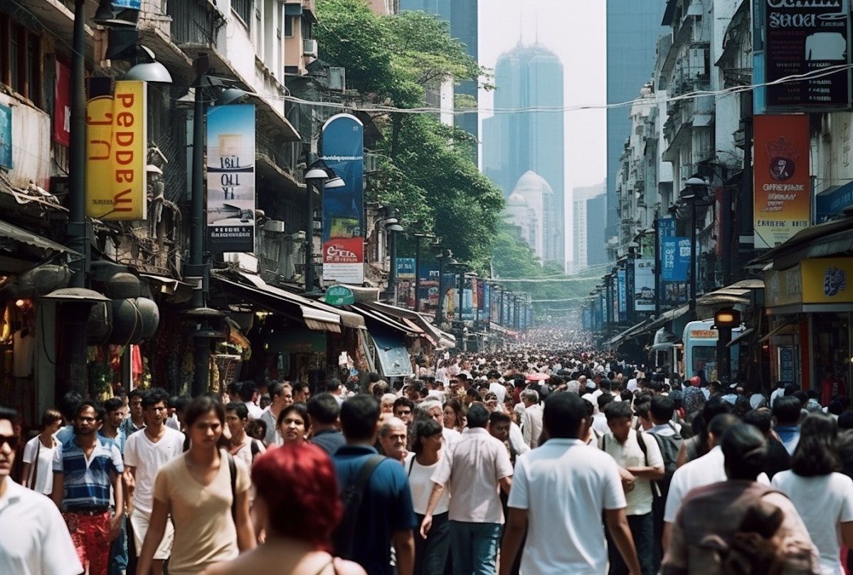 Photo of a crowded city street with old buildings and modern skyscrapers.