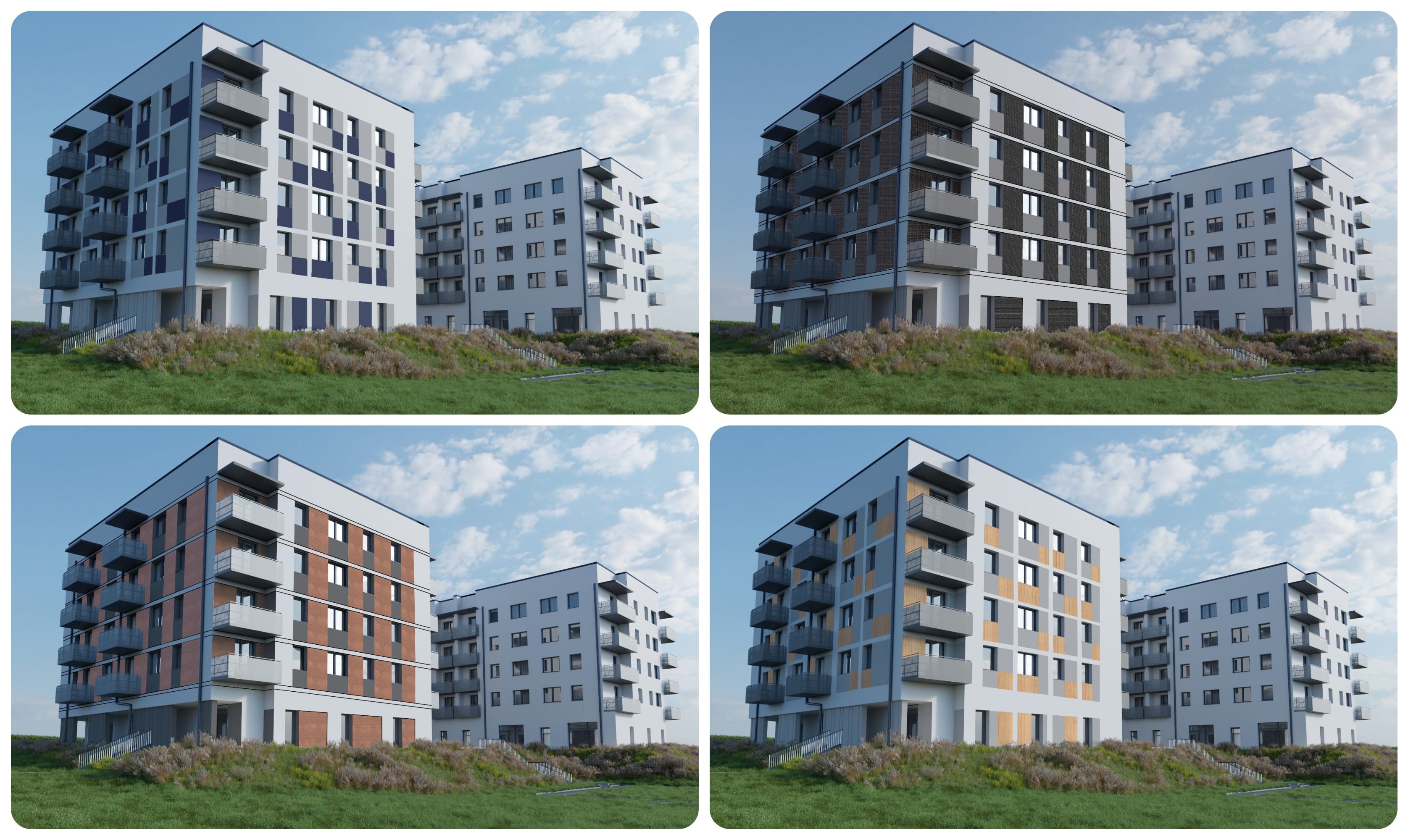 3D-Visualisierungen von vier Fassadenvarianten eines modernen Mehrfamilienhauses