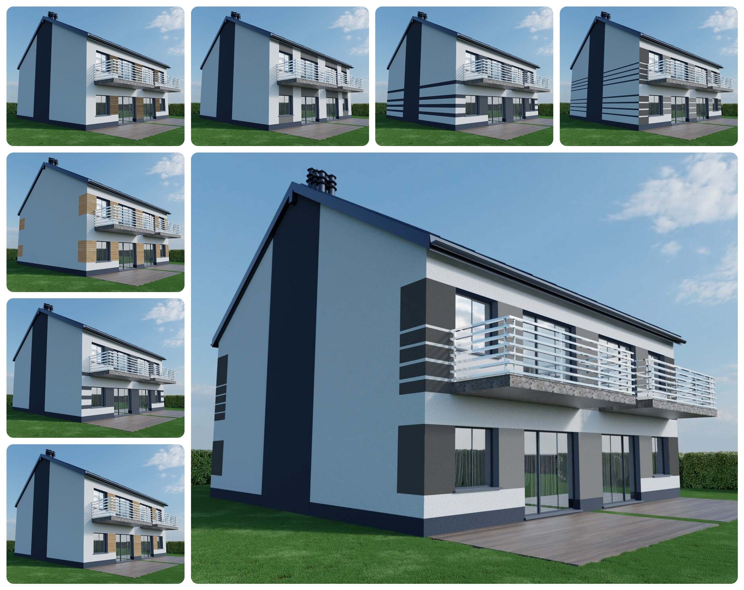3D-Visualisierungen von Fassadenvarianten eines modernen Doppelhauses