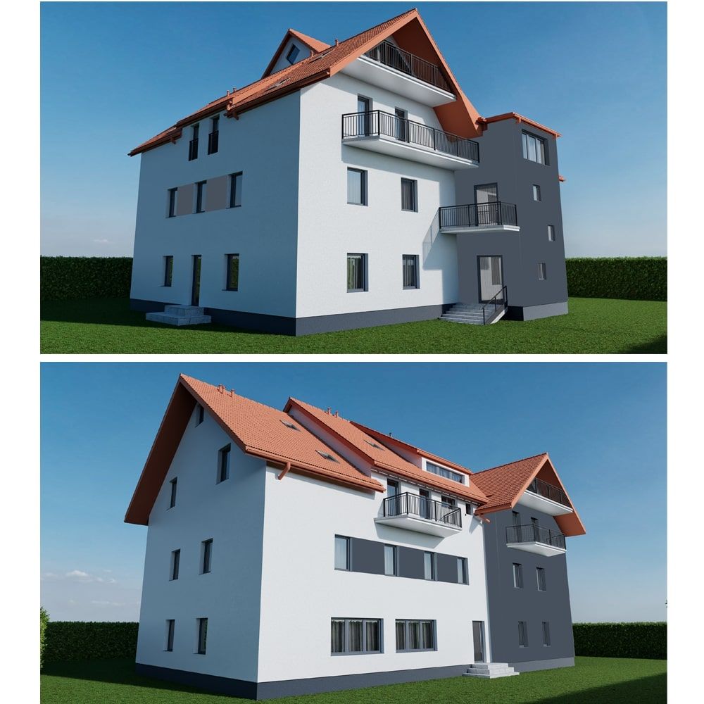 3D-Visualisierung eines Fassadenentwurfs für ein Wohngebäude mit rotem Dach