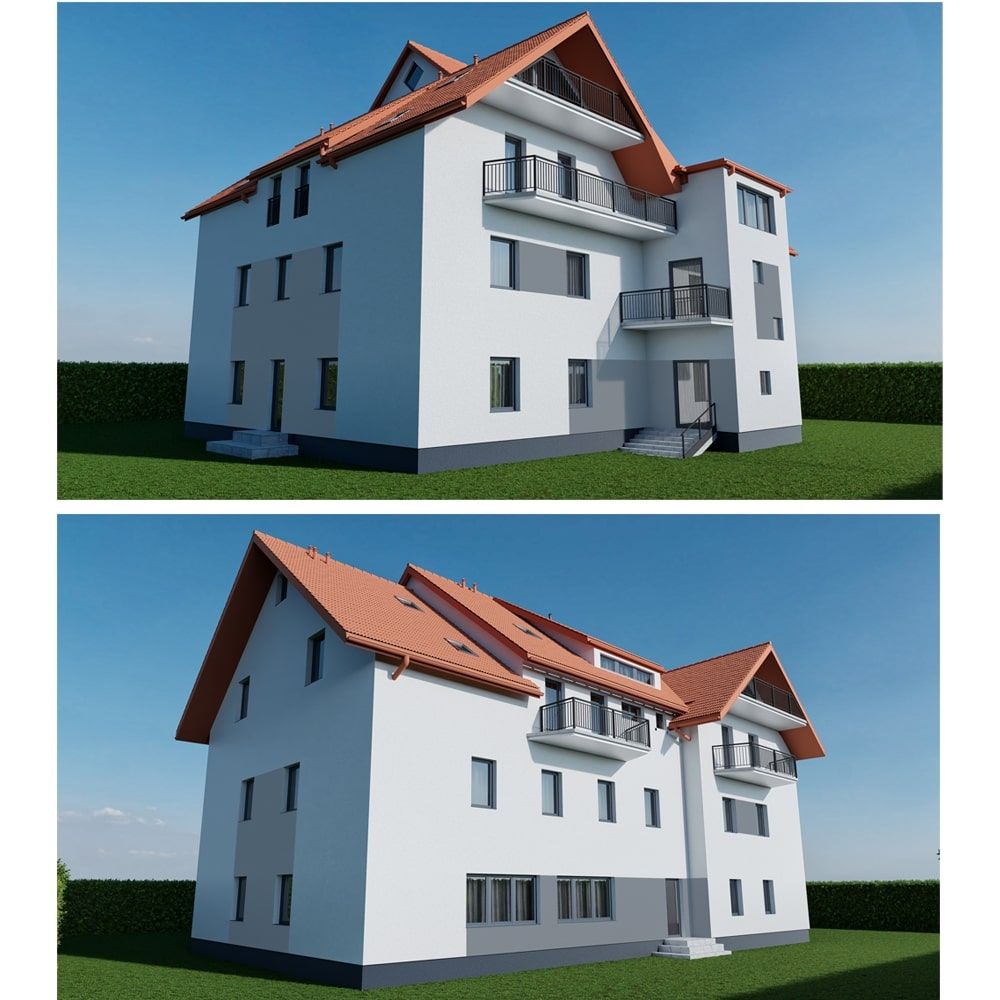 3D-Visualisierung eines Fassadenentwurfs für ein Wohngebäude mit rotem Dach
