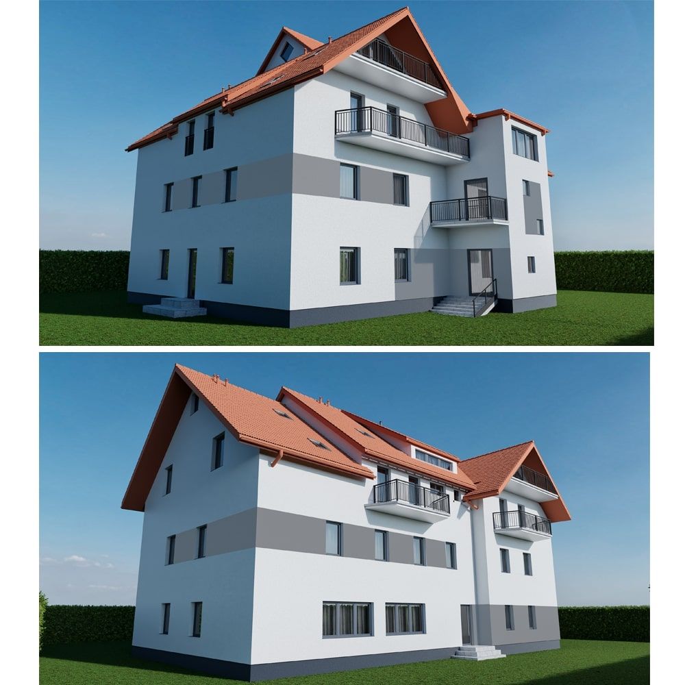 3D-Visualisierung eines Fassadenentwurfs für ein Wohngebäude mit rotem Dach