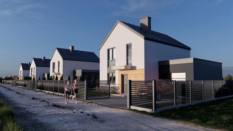 wizualizacje 3d architektoniczne osiedla nowoczesnych domów jednorodzinnych w zabudowie szeregowej, z jasnymi elewacjami i ciemnymi dachami.
