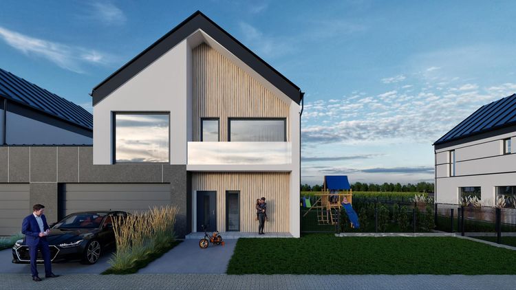 wizualizacja 3d cgi nieruchomosci domu jednorodzinnego w zabudowie bliźniaczej, z białymi elewacjami, ciemnym dachem i drewnianymi elementami wykończeniowymi.