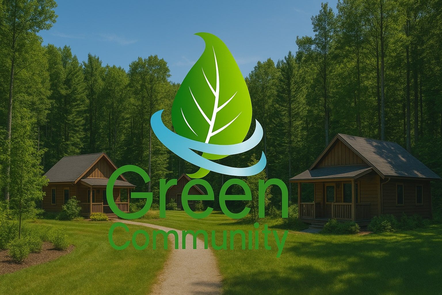 3D-Visualisierung einer Holzhaussiedlung im Wald mit eingeblendetem „Green Community“-Logo