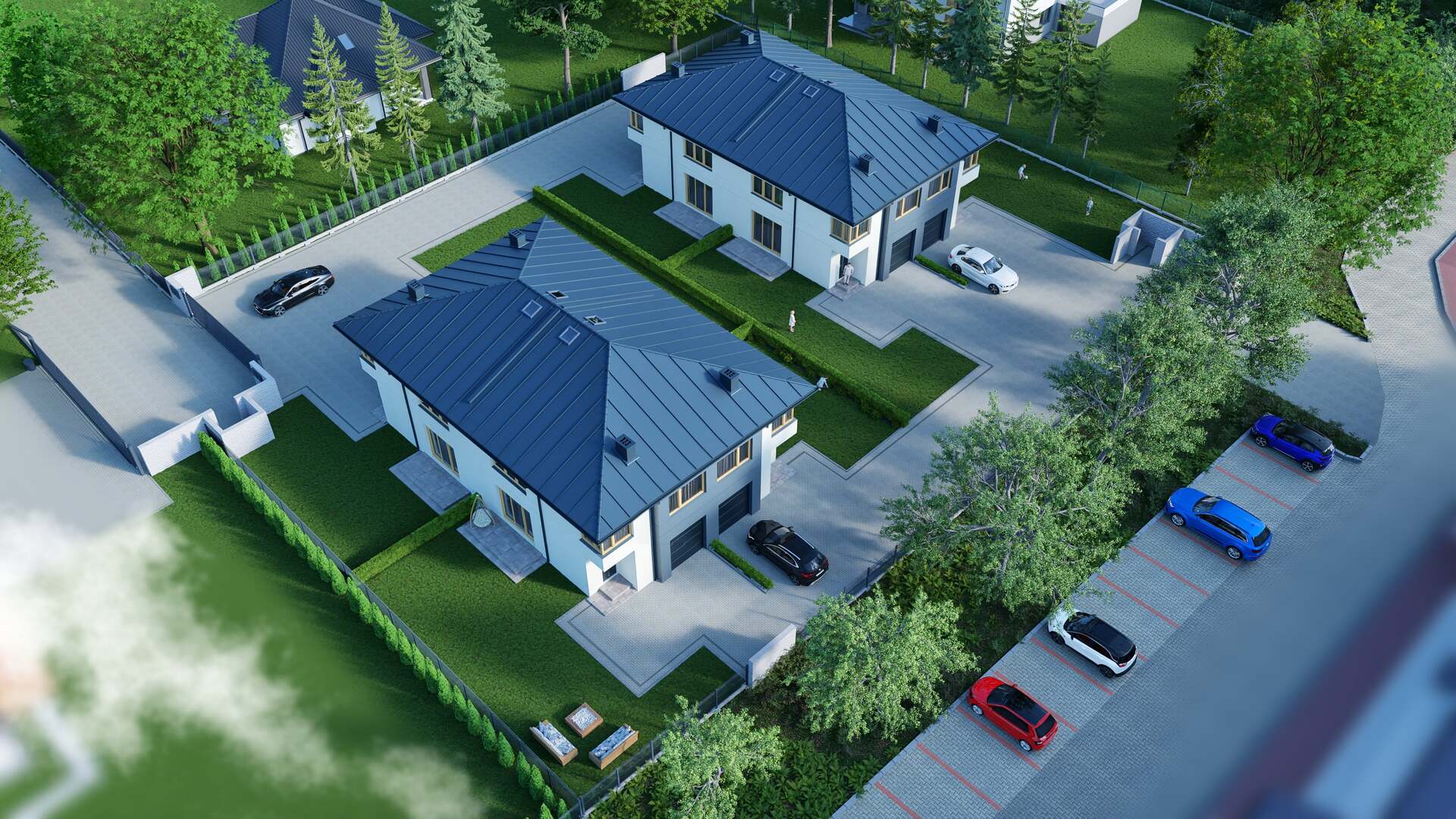 3D visualization of a fourplex neighborhood from a bird’s-eye view