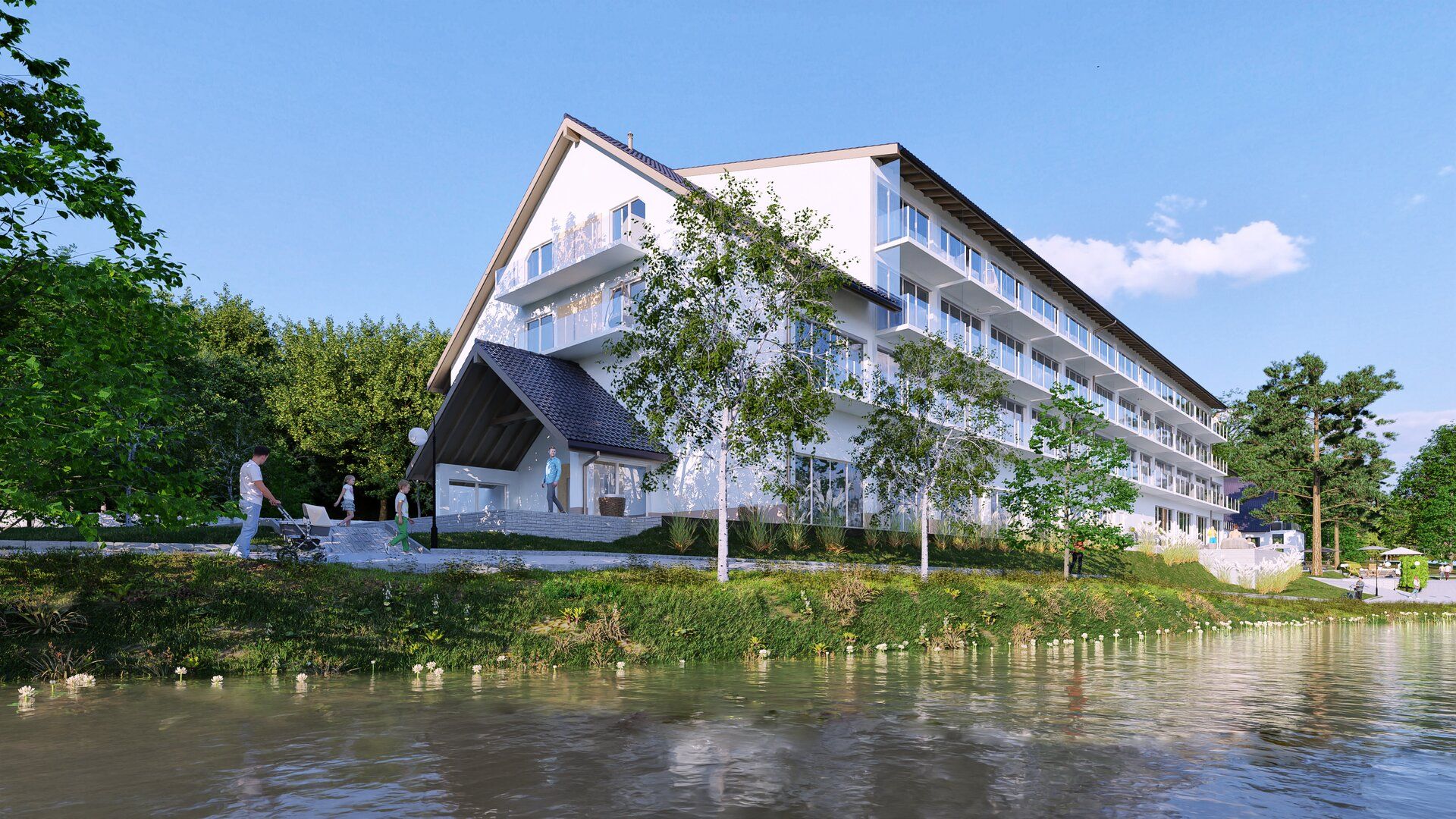 3D-Visualisierung von Hotels am Seeufer – See, Ufer