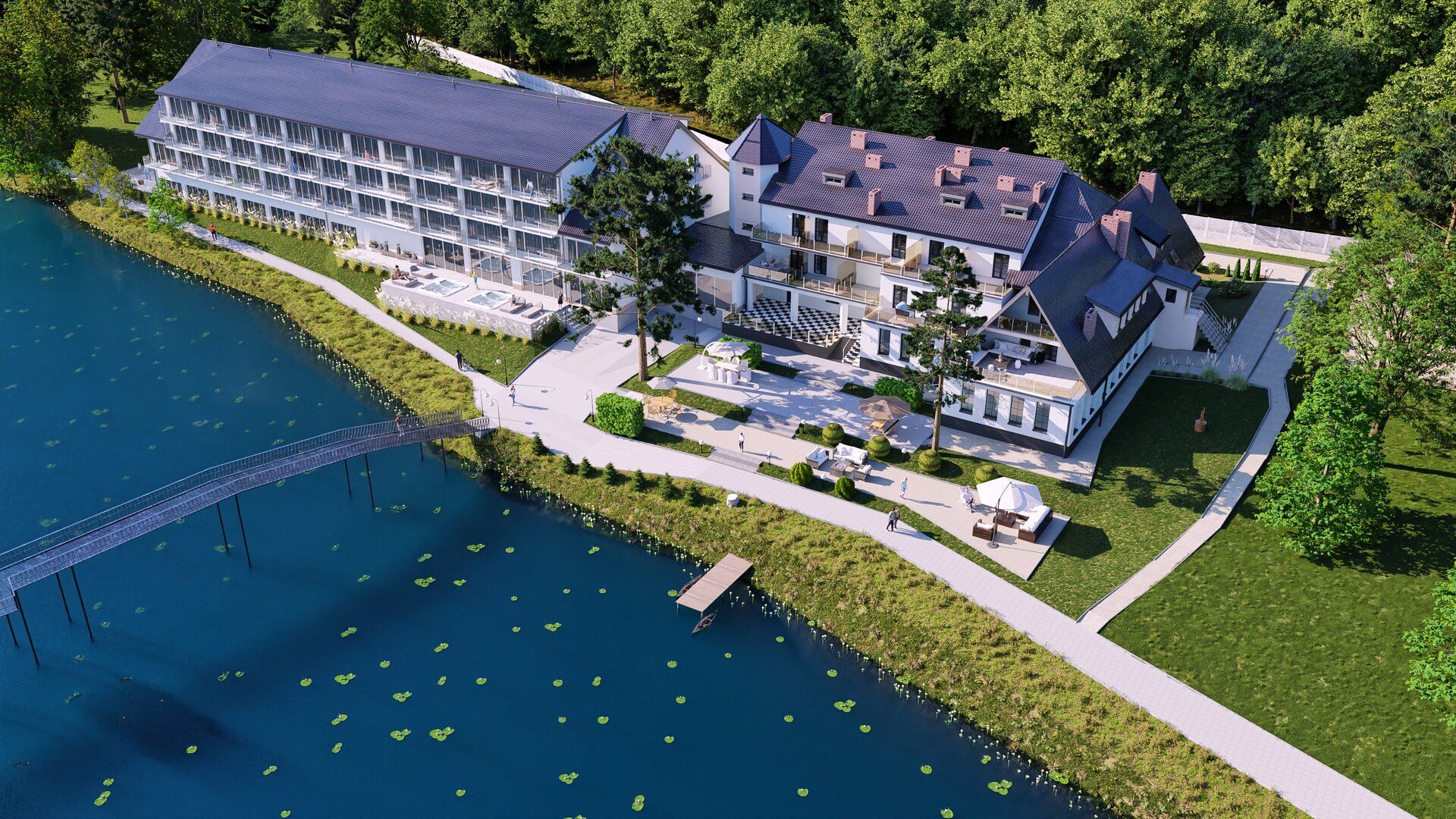 3D-Visualisierung von Hotels am See – Vogelperspektive