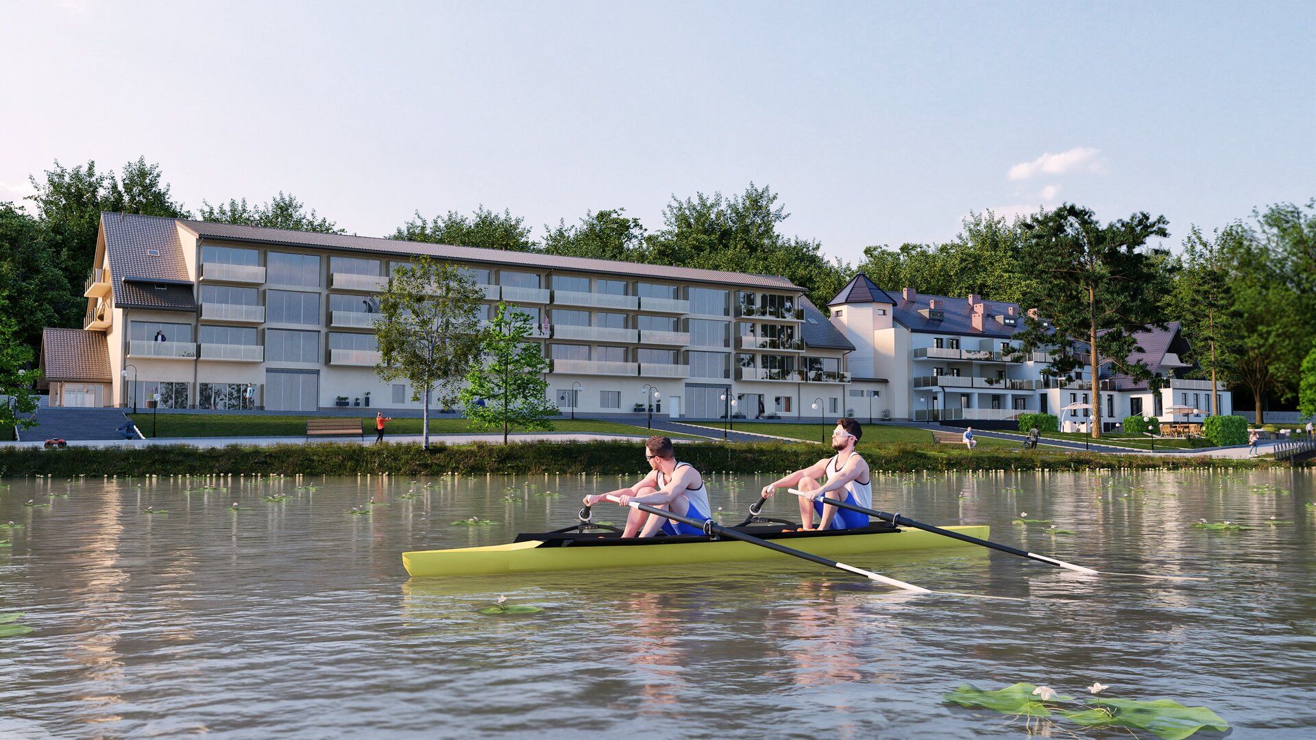 3D-Visualisierung eines Hotels am Wasser