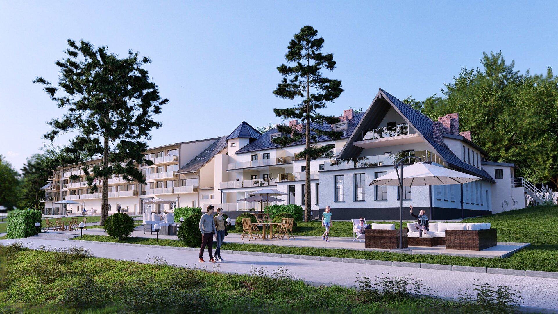 3D-Seitenansicht eines Hotels am Wald
