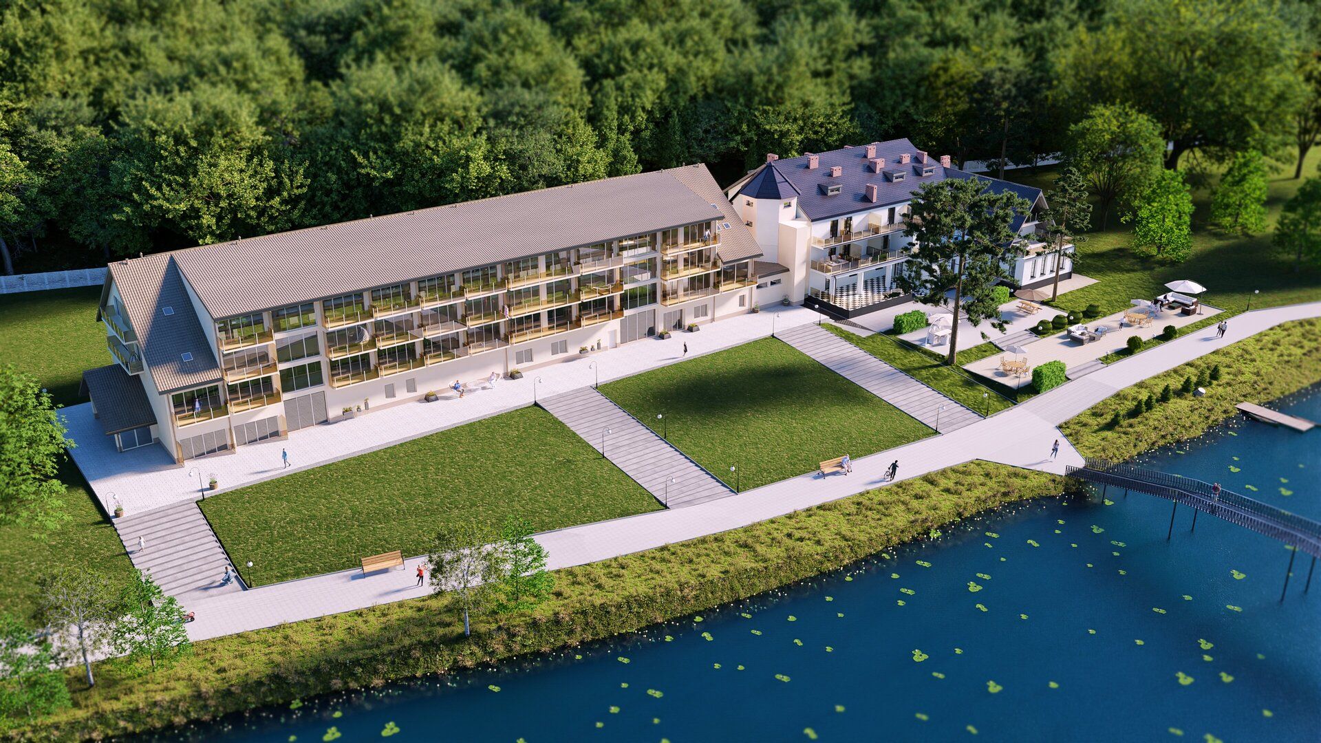 3D-Visualisierung eines Hotels aus der Vogelperspektive