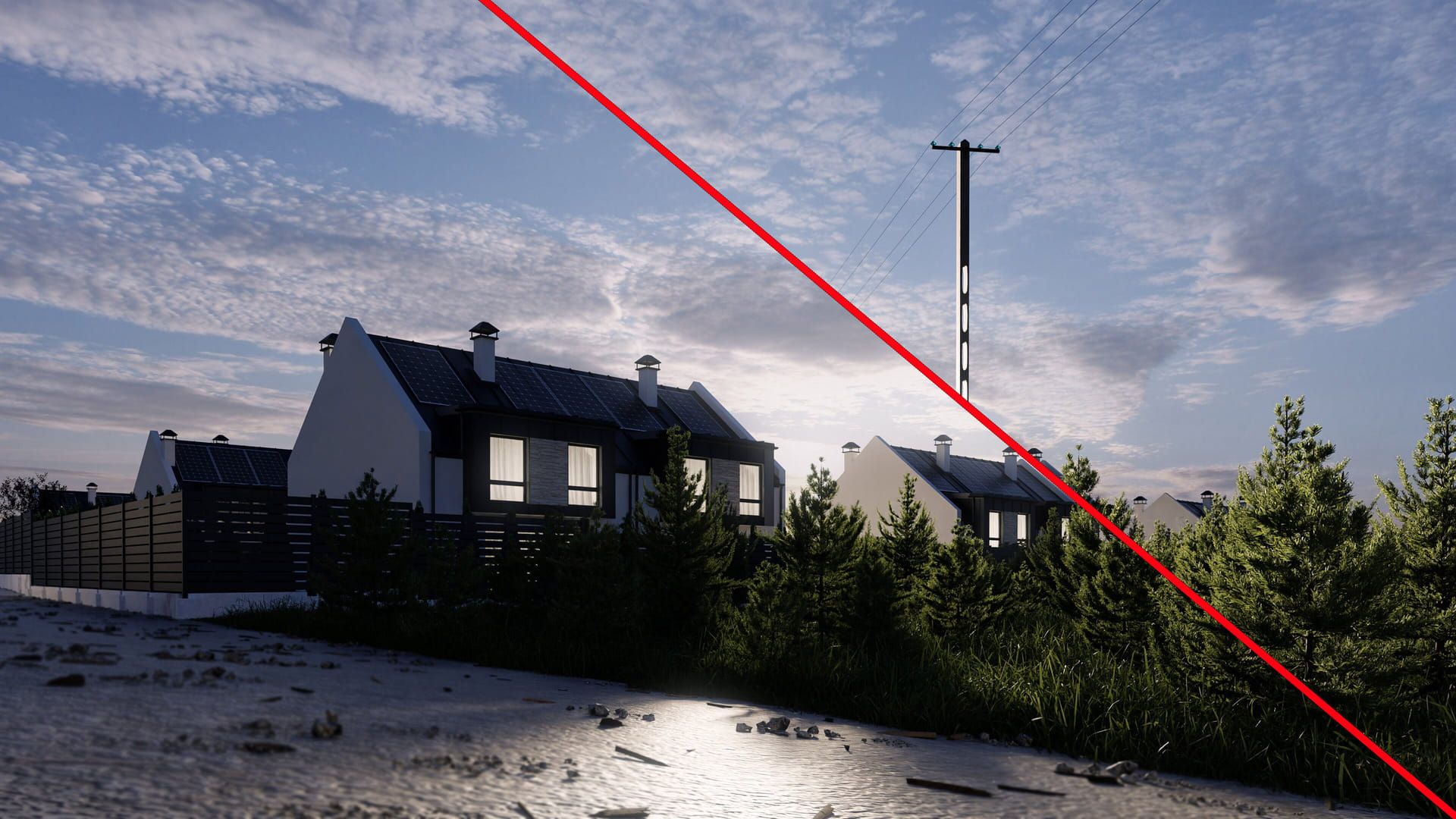 Vergleich: Visualisierung der Wohnanlage und Stromleitungen