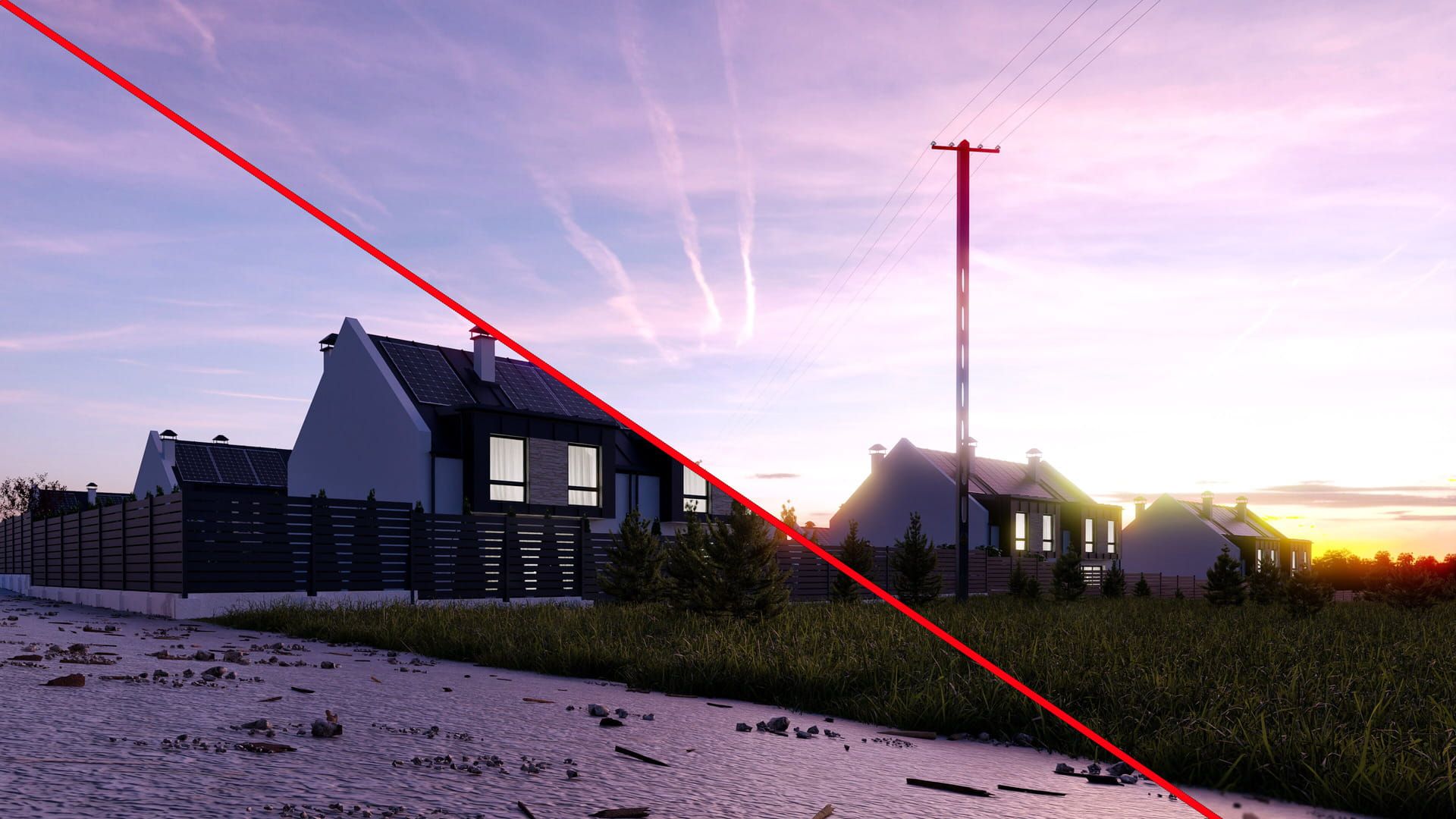 Vergleich: Visualisierung der Wohnanlage und Stromleitungen