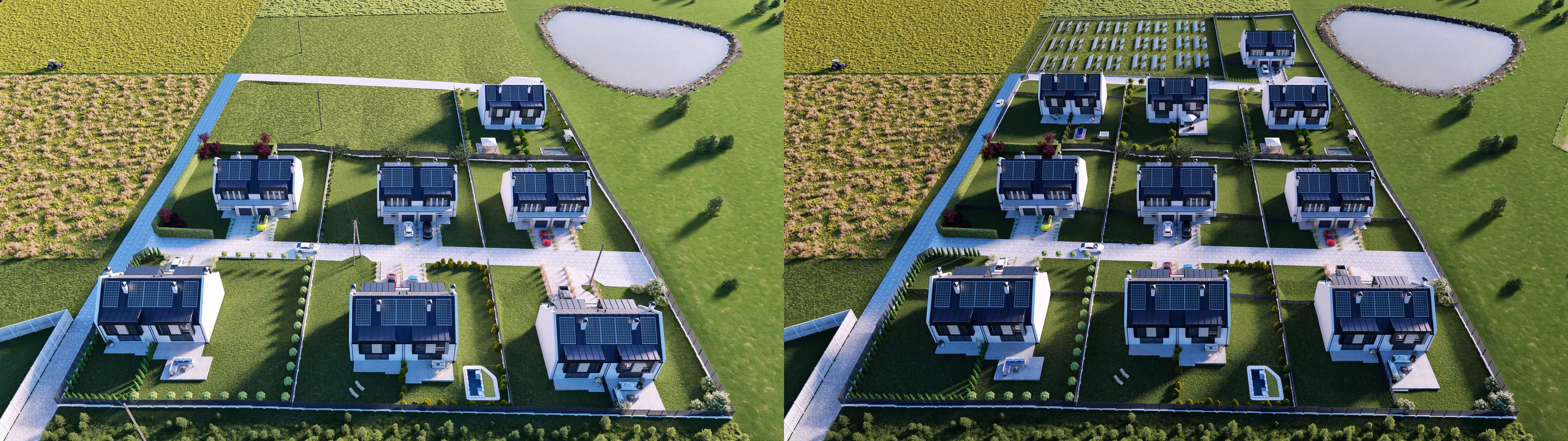 Visualisierung einer Premium-Wohnanlage mit und ohne Stromleitungen