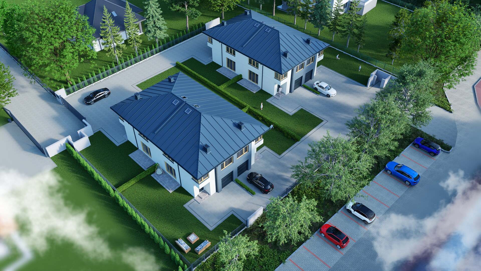 Wizualizacja 3D osiedla domów jednorodzinnych z lotu ptaka