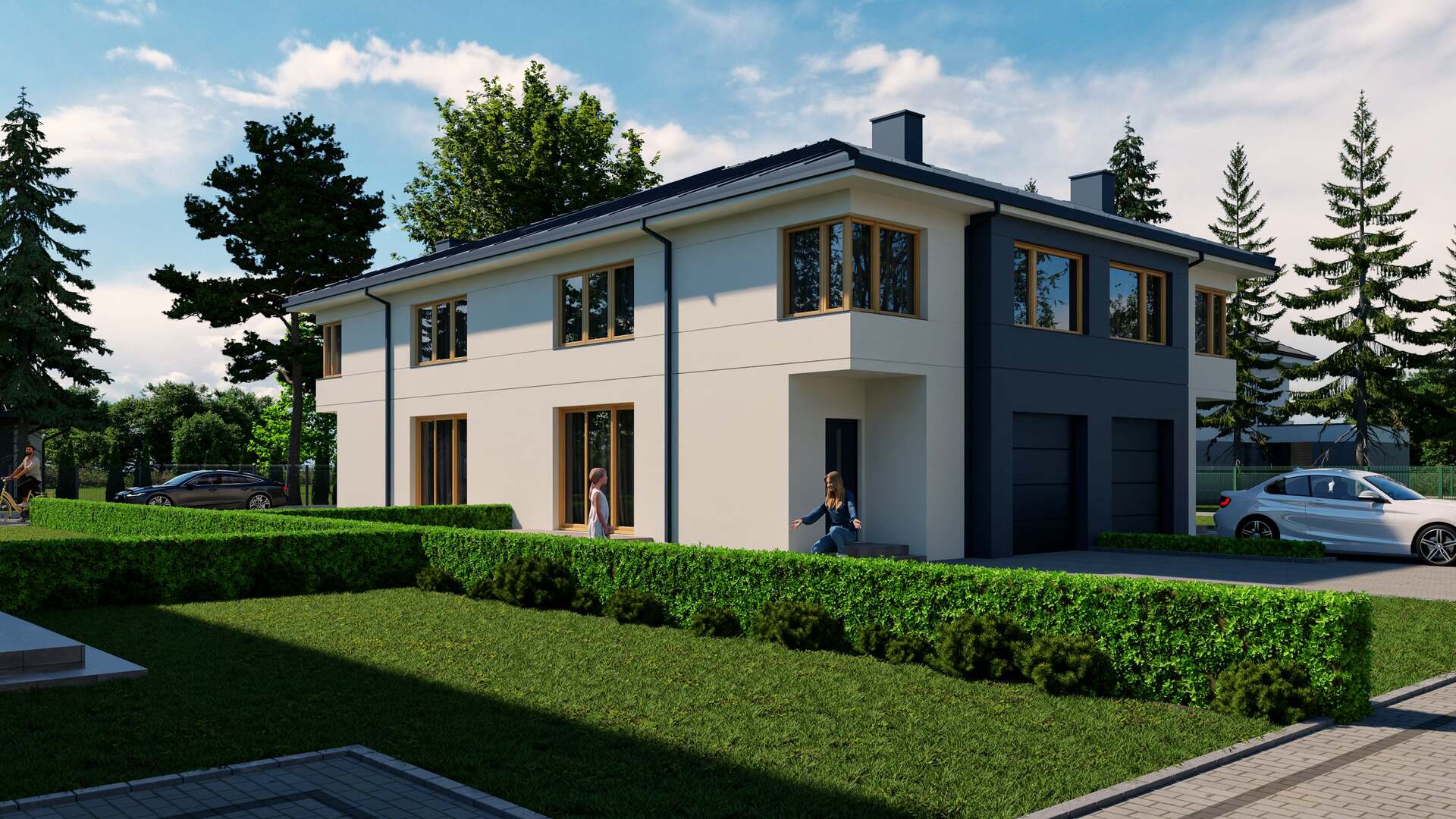 Wizualizacja 3D nowoczesnego osiedla domów w zabudowie bliźniaczej z garażami