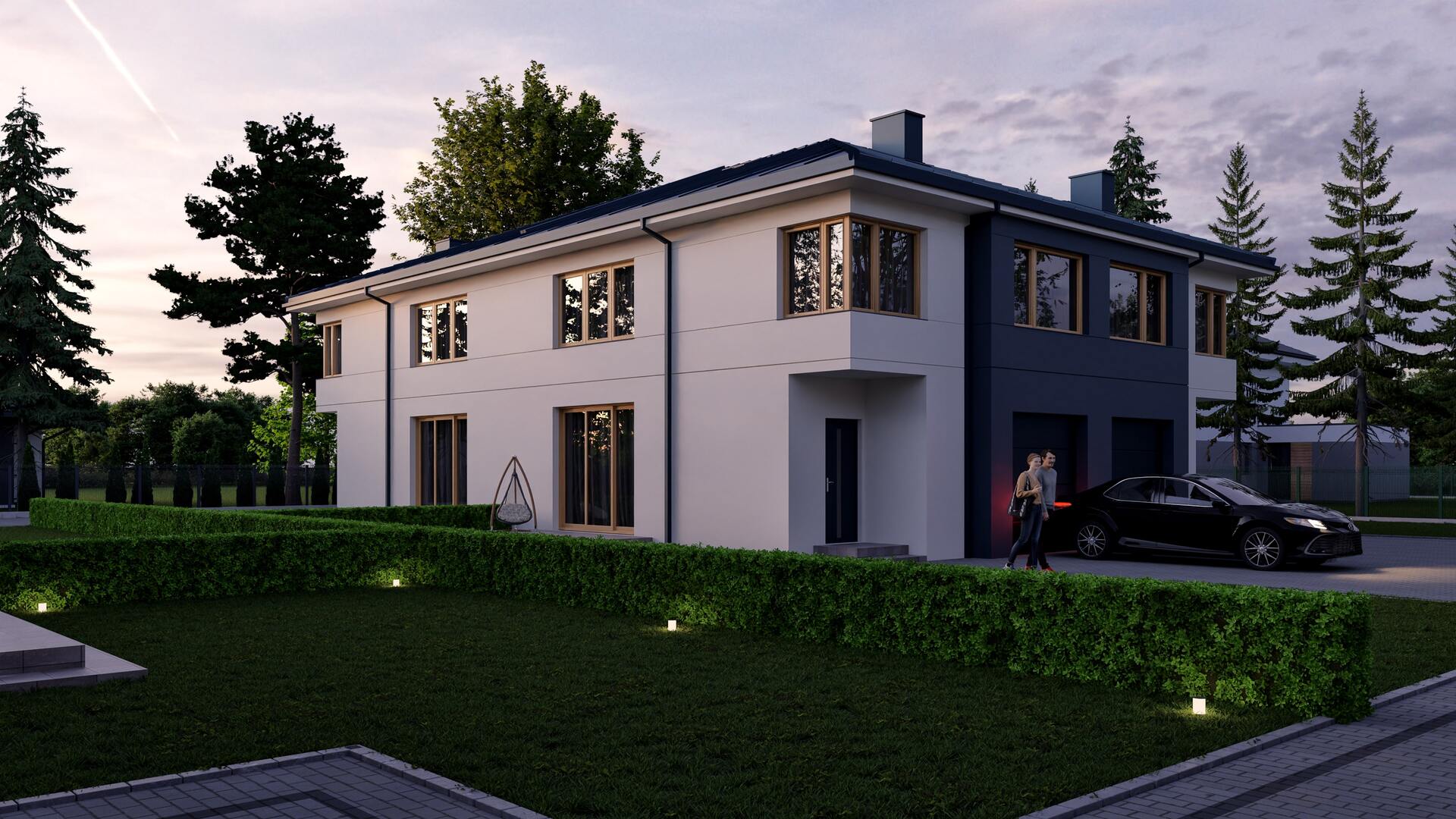 Wizualizacja 3D osiedla domów w zabudowie bliźniaczej o zmierzchu, z oświetleniem ogrodowym