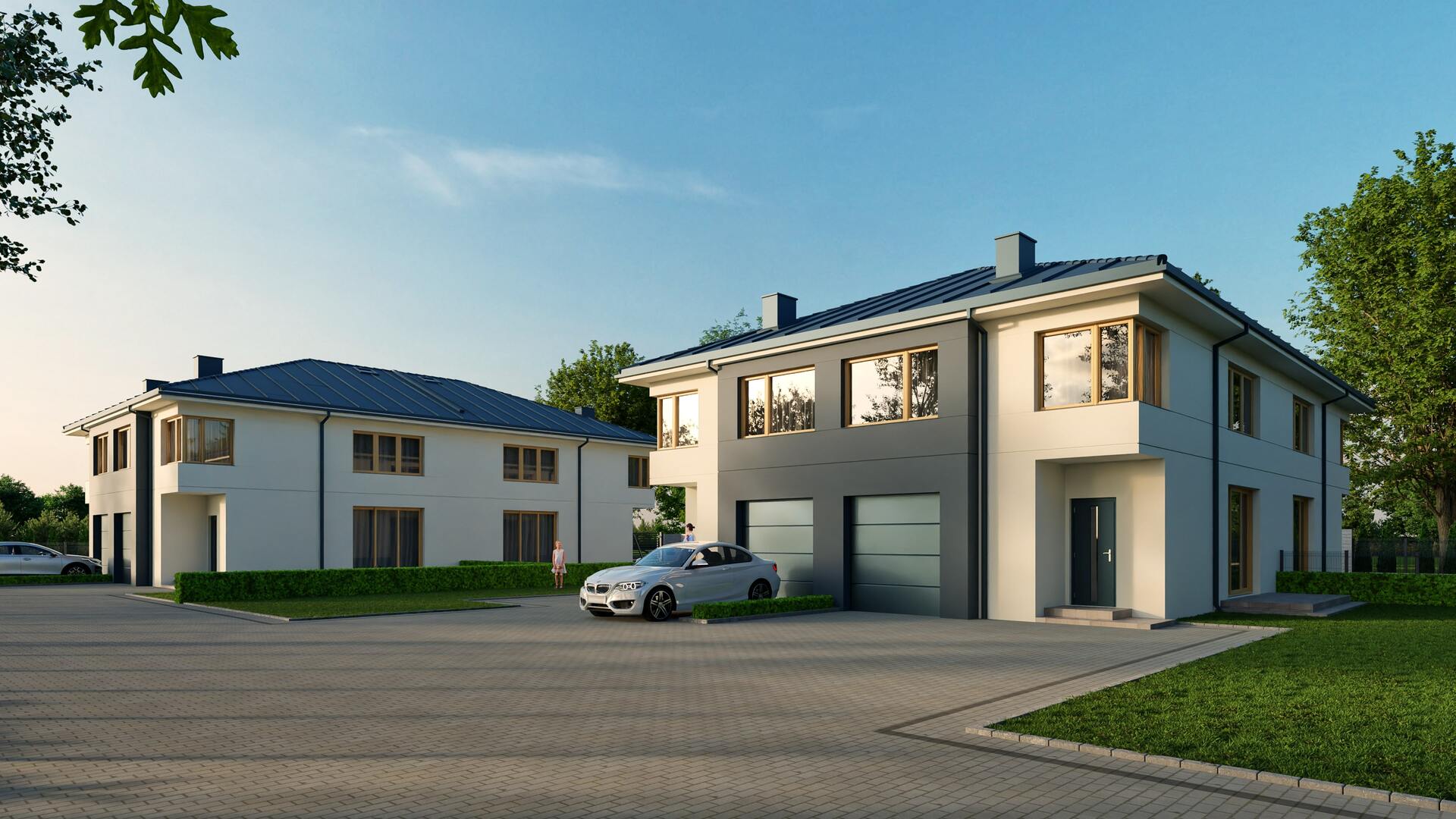 Poranna wizualizacja 3D osiedla domów bliźniaczych z podjazdami i zielenią